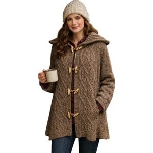 Vtg Eagles Eye Cable Knit Toggle Cardigan Womens‎ XL Brown Wool Chunky Cabincore